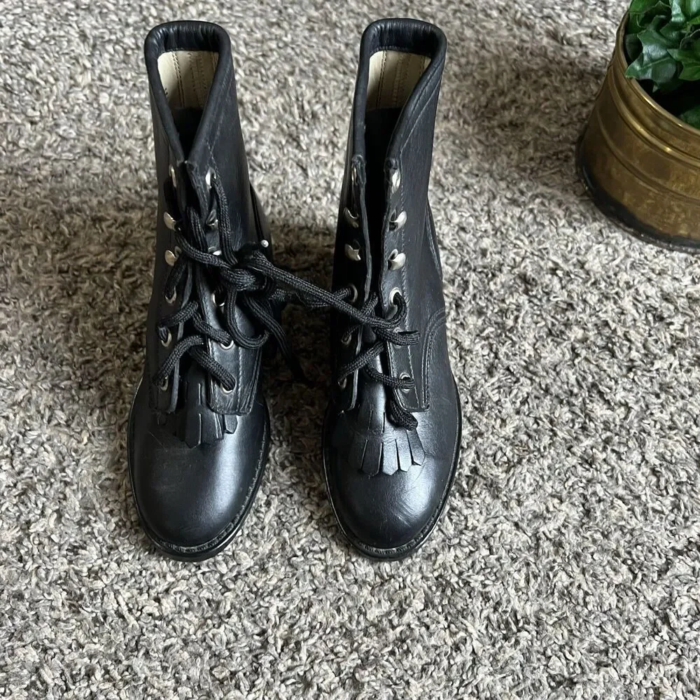 Vintage Kids Black Leather Western cowboy Boots Size 10.5 kiltie Lace Up new